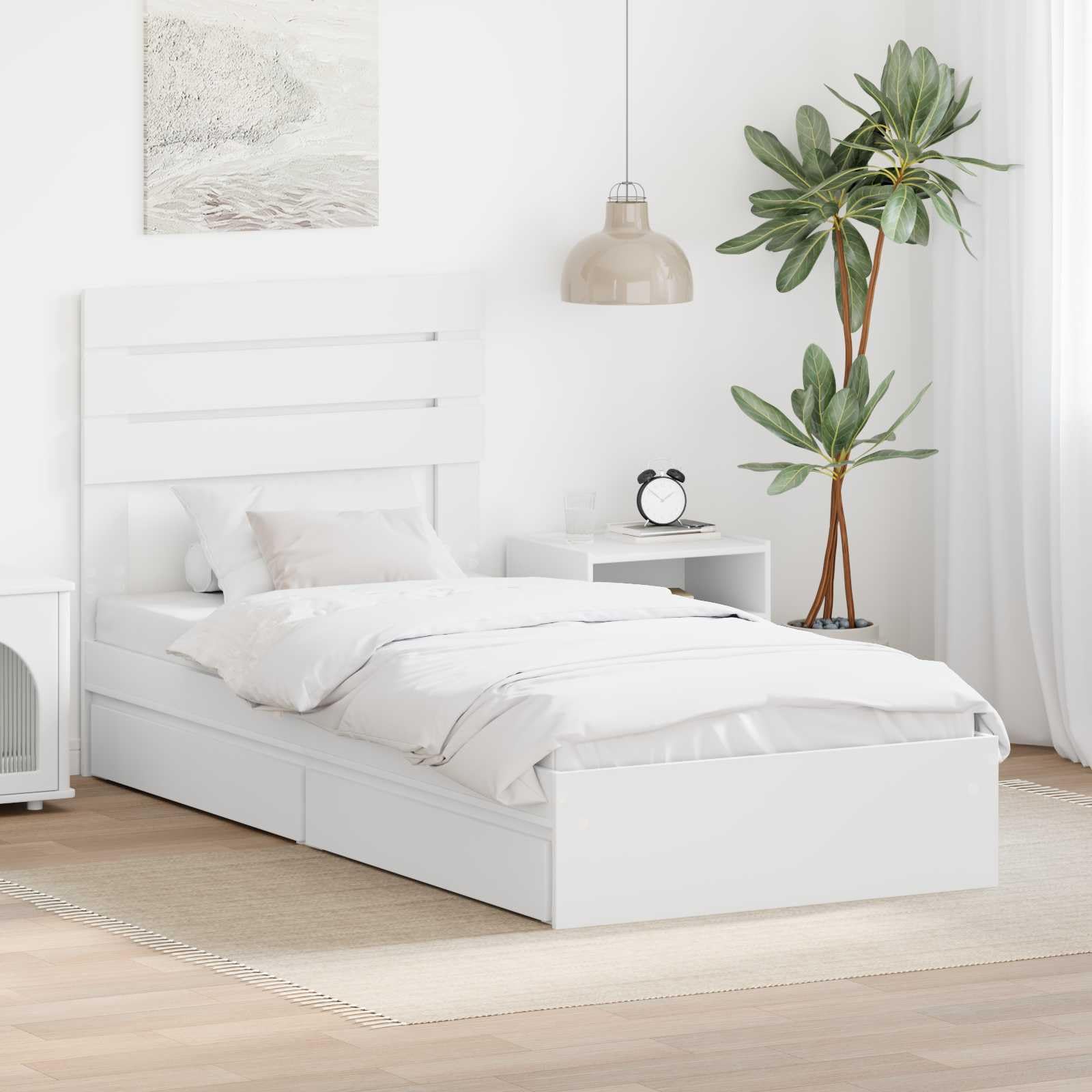 vidaXL Storage Bed with Headboard White 75 x 190 cm Engineered Wood, Modern Bed Frame, Water-Resistant Finish, Ample Storage, Versatile, Urban Living Furniture, Customizable Design