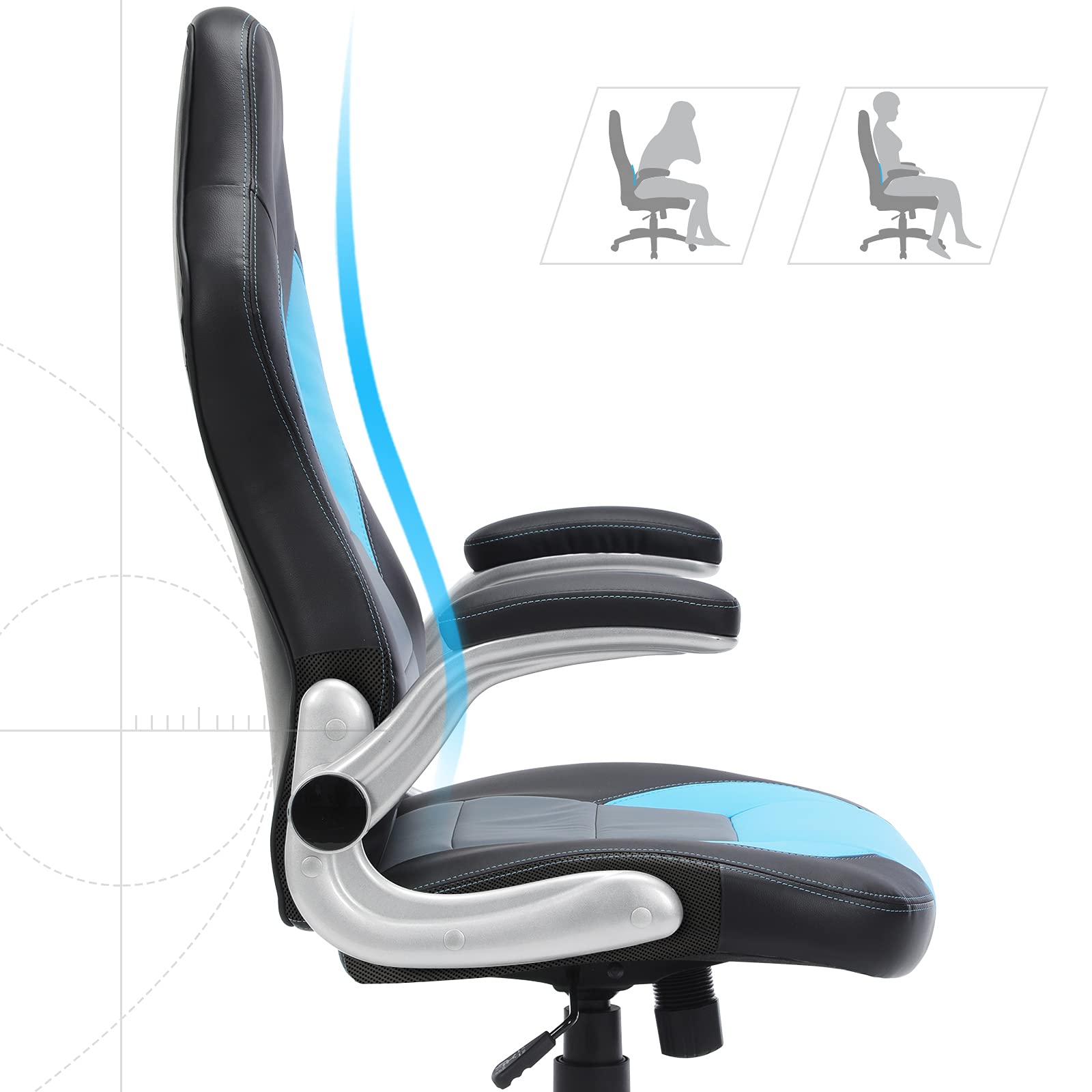 SONGMICS OBG56BW Ufficio, scrivania, Computer, Sedia Girevole, Poliuretano, Nero E Grigio E Blu, 7070 （118-128）