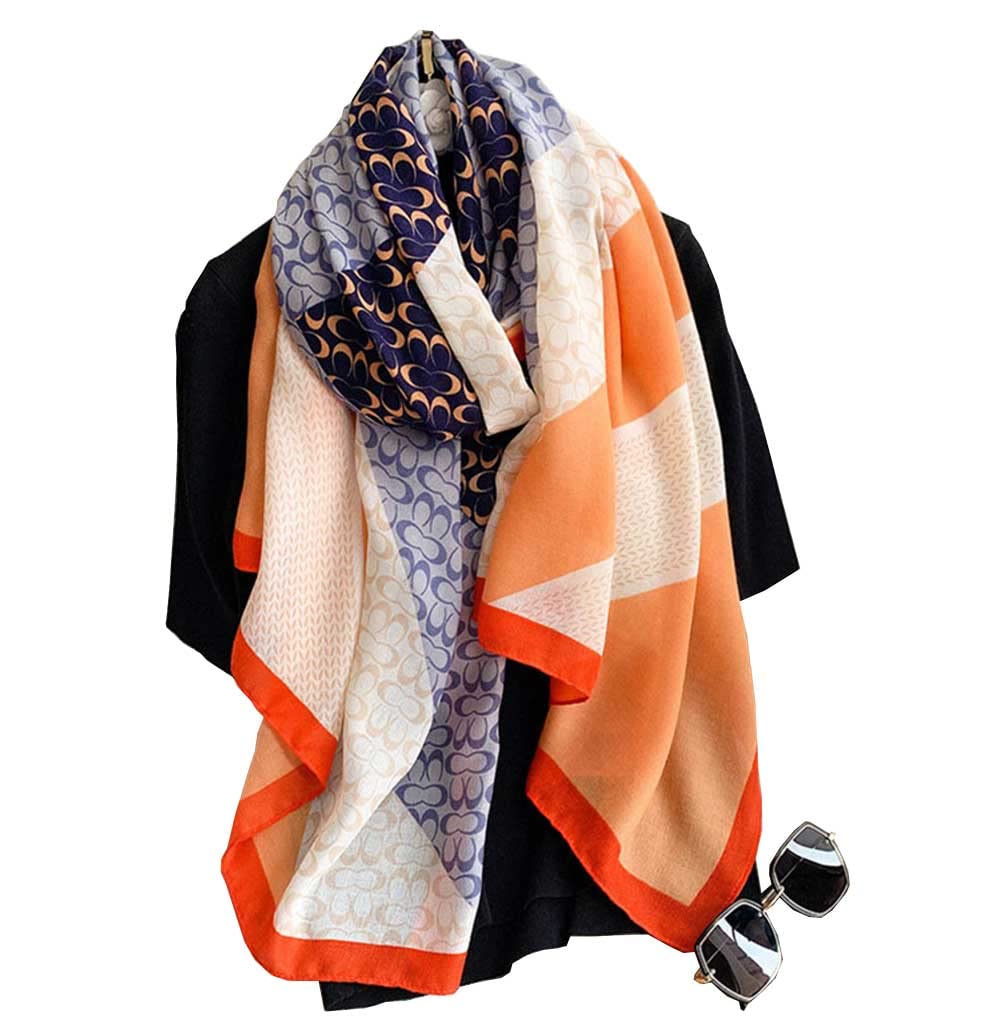 First Choose Women's Orange-Blue Cotton Linen Feeling Large Long Scarf Shawl Check Style Sunscreen Shawls Wraps Lightweight Pattern