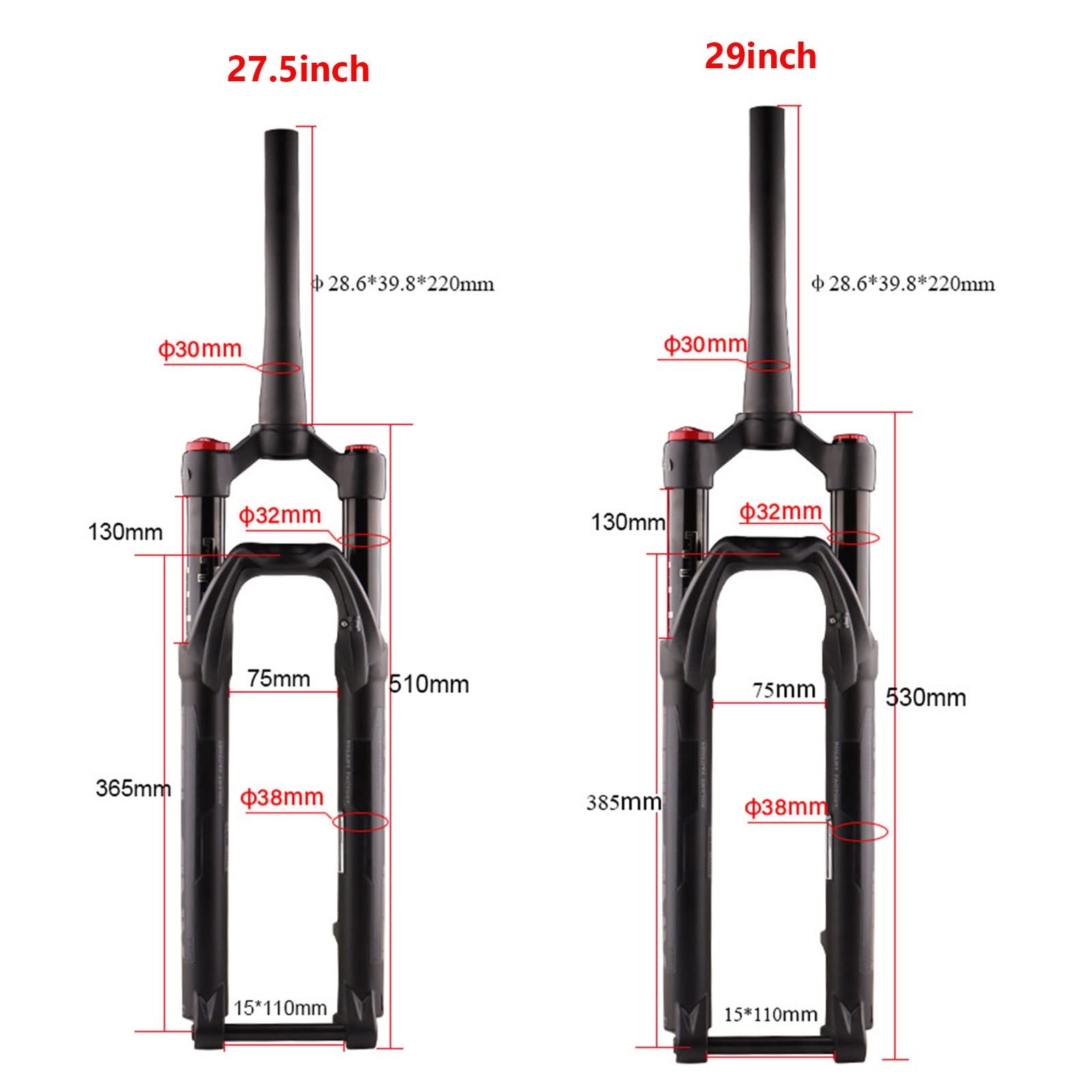Horquilla Air para Bicicleta de montaña, 130 mm de Recorrido, Eje de 15 x 110 mm, Ajuste de Rebote, Eje cónico de 1-1/2", Accesorios