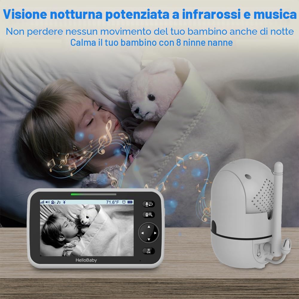 HelloBaby Baby Monitor, display da 5'' con batteria da 30 ore, baby monitor video pan-tilt-zoom con fotocamera e audio, visione notturna, conversazione a 2 vie, temperatura, 8 ninne nanne e 300m