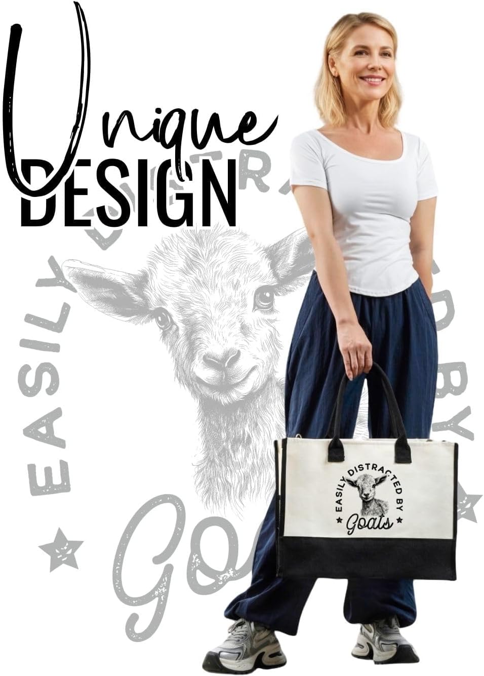 InnoBeta Goat Gifts Canvas Tote Bag for Goat Lovers, Girls, Women, Goat Bag with Top Zipper Closure and Shoulder Strap, Farm Gifts for Birthday, Mother's Day, Thanksgiving, Christmas - Image 2