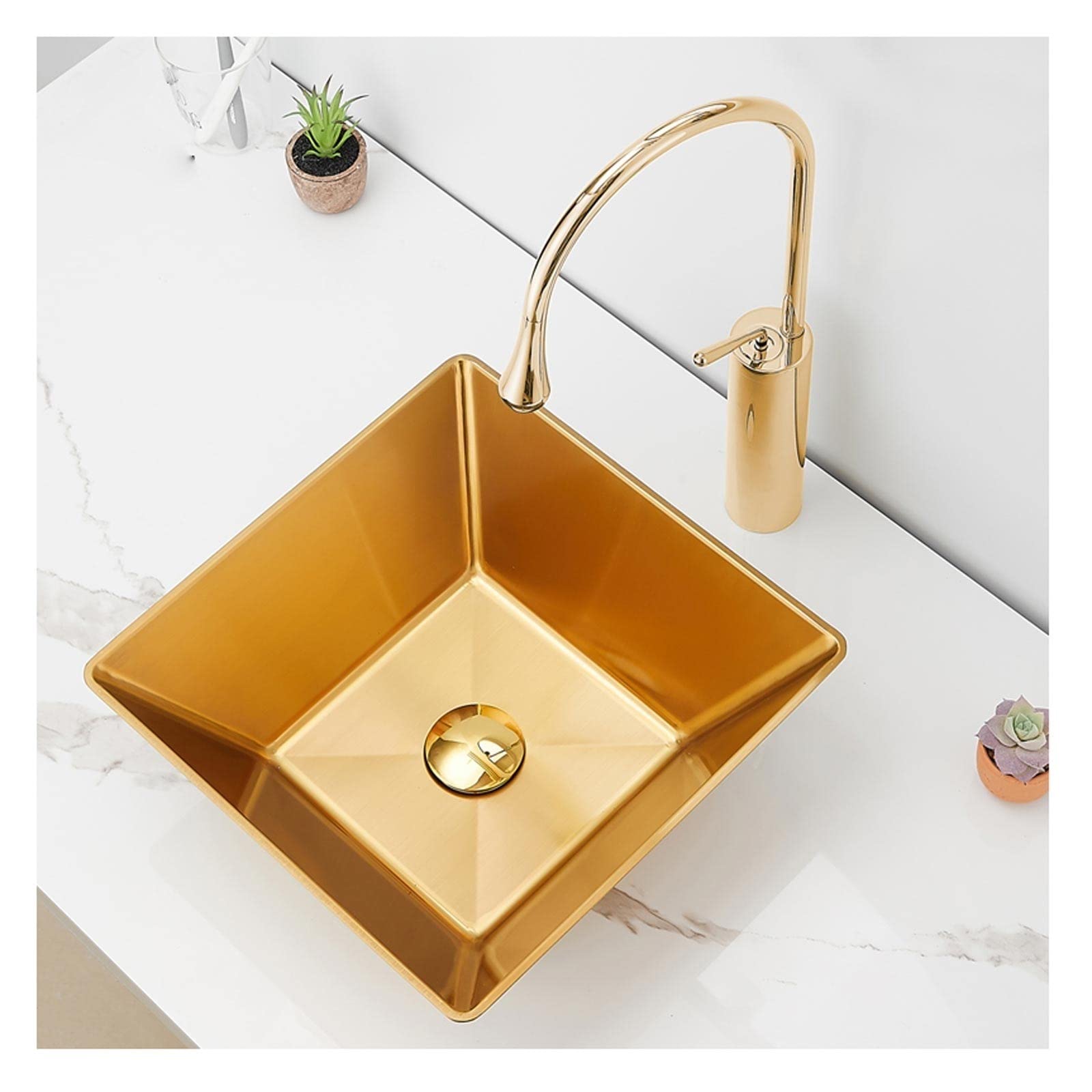 Bathroom Sink 304 Stainless Steel Bathroom Sink Set with Faucet and Drain Square Vessel