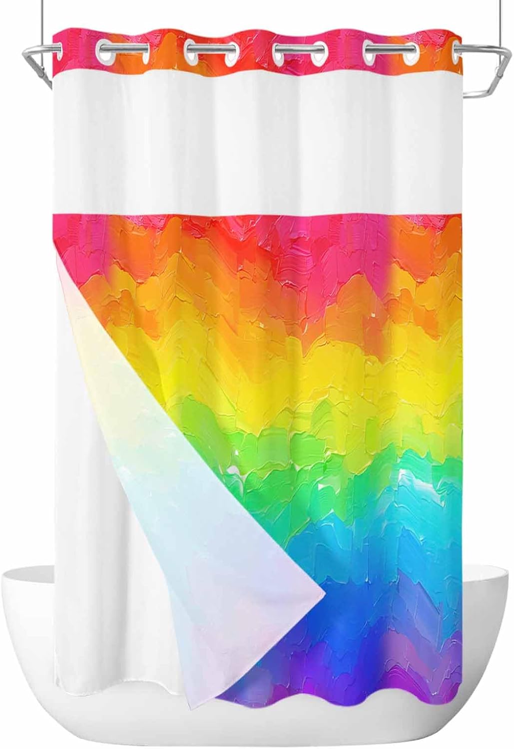 No Hook Shower Curtains with Snap in Liner, Rainbow Oil Painting Waterproof Fabric Shower Curtain, Watercolor Colorful Abstract Art Double Layers & See-Through Top Window Bathroom Curtains 36''x72''