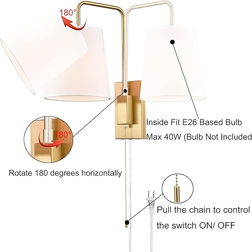 Miniatura 3 de Juego de 2 apliques de pared con pantalla de tela dorada, apliques de pared para dormitorio, juego de 2