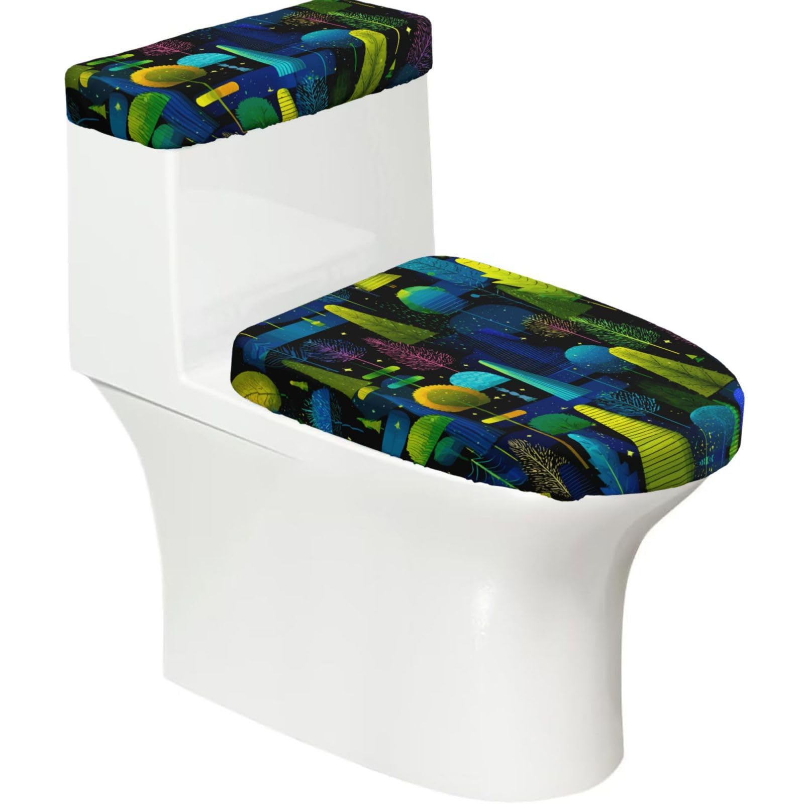 Mrowyc Black Blue-Green Plants Printed Toilet Seat Set - Set Of 2 - Universal Toilet Seat Cover - Housewarming Birthday Christmas Gift