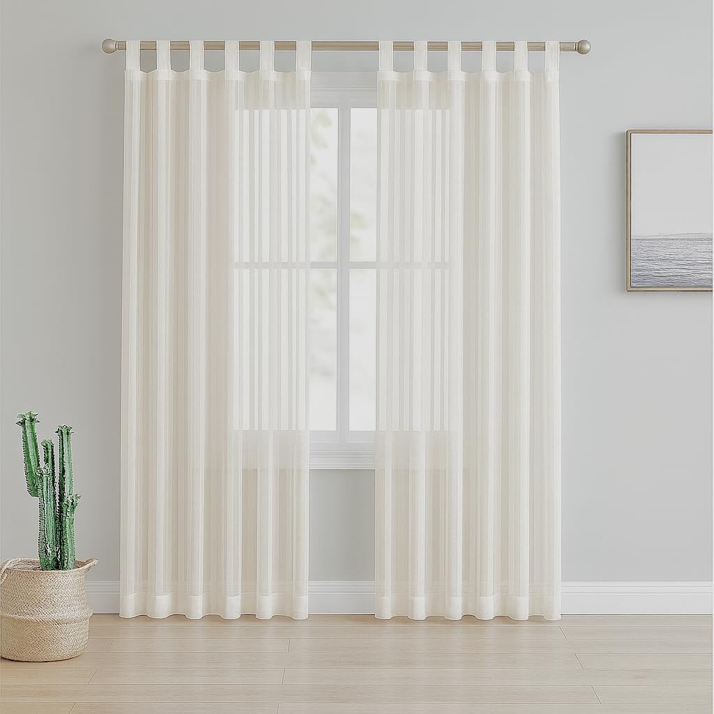 Megachest Tab top stripe voile sheer curtain with tie backs(Ivory,W 56" x L 54" (2 Panels))