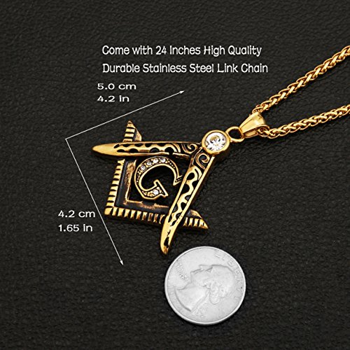 HZMAN Mens Cubic Zirconia Freemason Symbol Masonic Stainless Steel Pendant Necklace 22+2 inch Chain3
