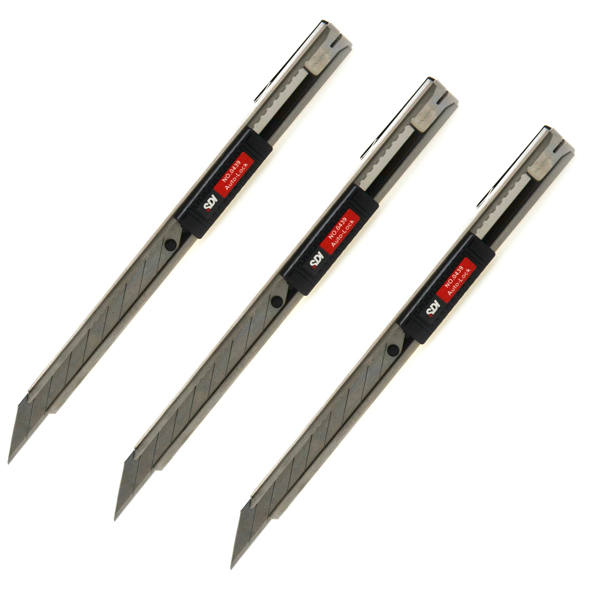 Pack 3 Cutter Profesional de Precisión – REF.0439 – Freno aut. autobloqueo. Cuchilla especial inclinación 30º. Cuerpo metálico de acero inoxidable. Cuchilla 9 mm. By SDI por Office Box (3)