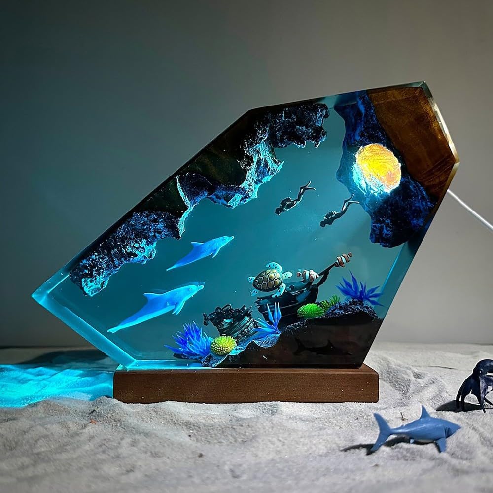 Lampka nocna z motywem oceanu – ręcznie wykonana lampa stołowa epoksydowa do wyjątkowej dekoracji domu lub wakacji, kreatywne oświetlenie biurkowe, 25 x 15 cm