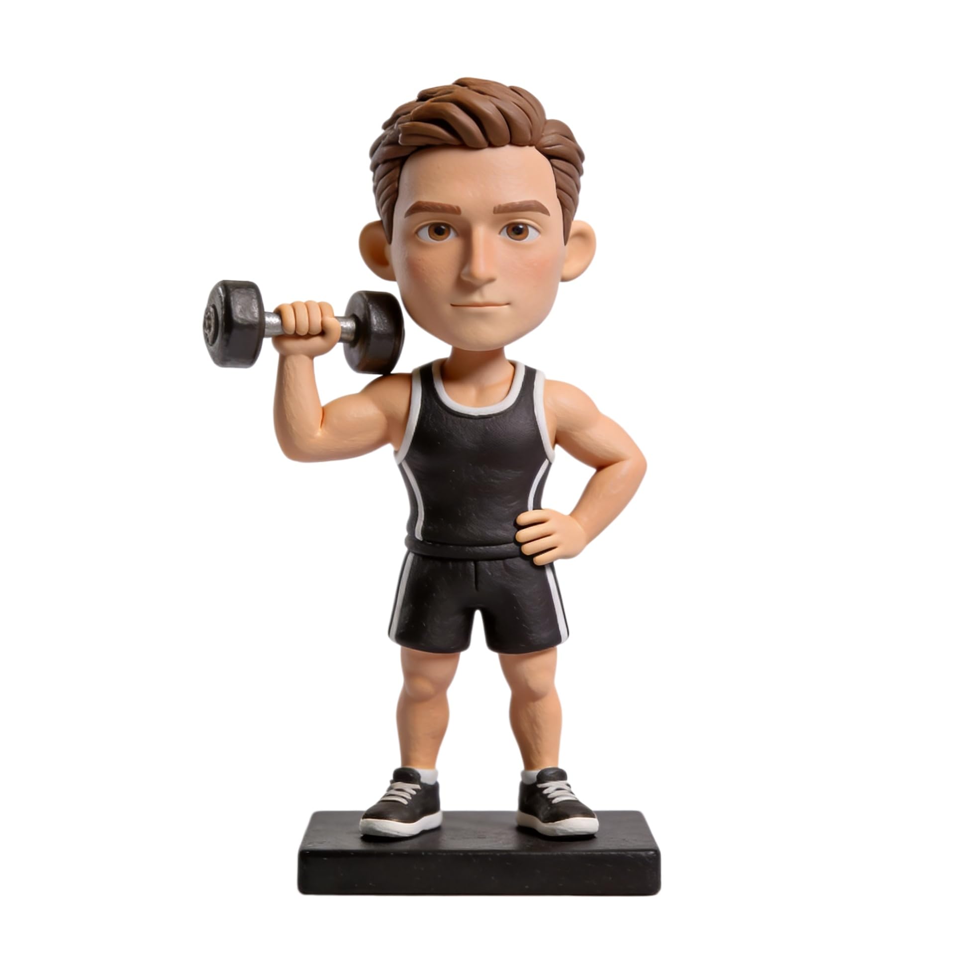 Figura 3D personalizada de entrenamiento físico de la foto, estatua de cuerpo completo hecha a mano de arcilla polimérica con mini mancuerna, regalo para jubilación de cumpleaños, decoración