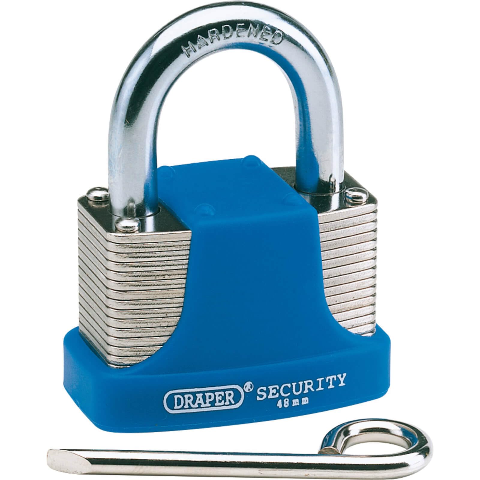 Draper 64158 48 mm Resettable 4-Number Combination Laminated Steel Padlock with Hardened Steel Shackle and Bumper, Blue