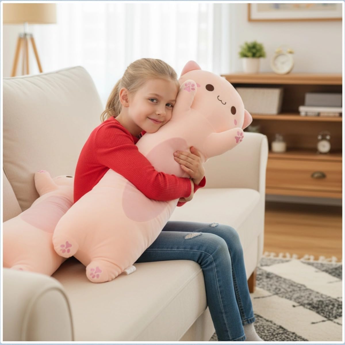 Cat Plush, Soft Long Cat Plush Pillow, Cute Kitten Plushies Toy Stuffed Animal Kitty Hugging Pillow for Kids Boys Girls Room Decor (Pink, Round Eyes, 90cm/35.43inch)