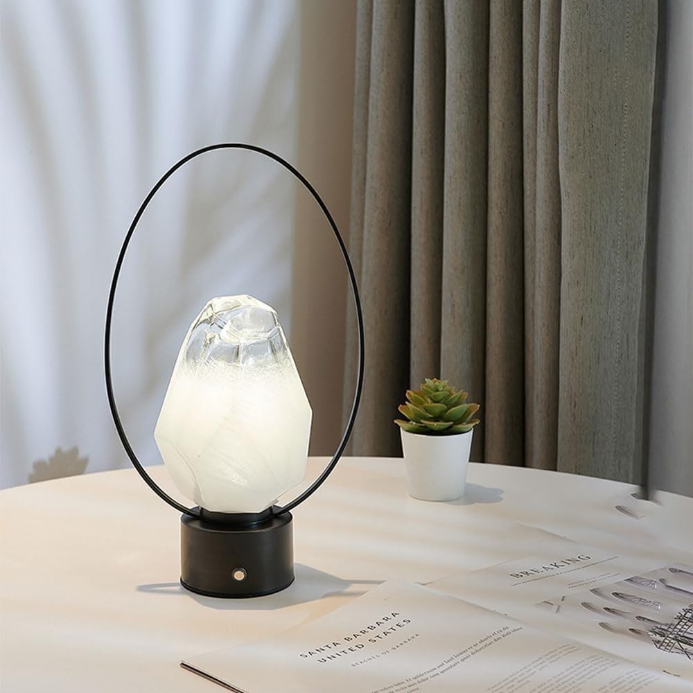 Lampada da tavolo ricaricabile senza fili in vetro diamantato da comodino, in ottone, lampada da scrivania moderna a LED luci da campeggio (scura)