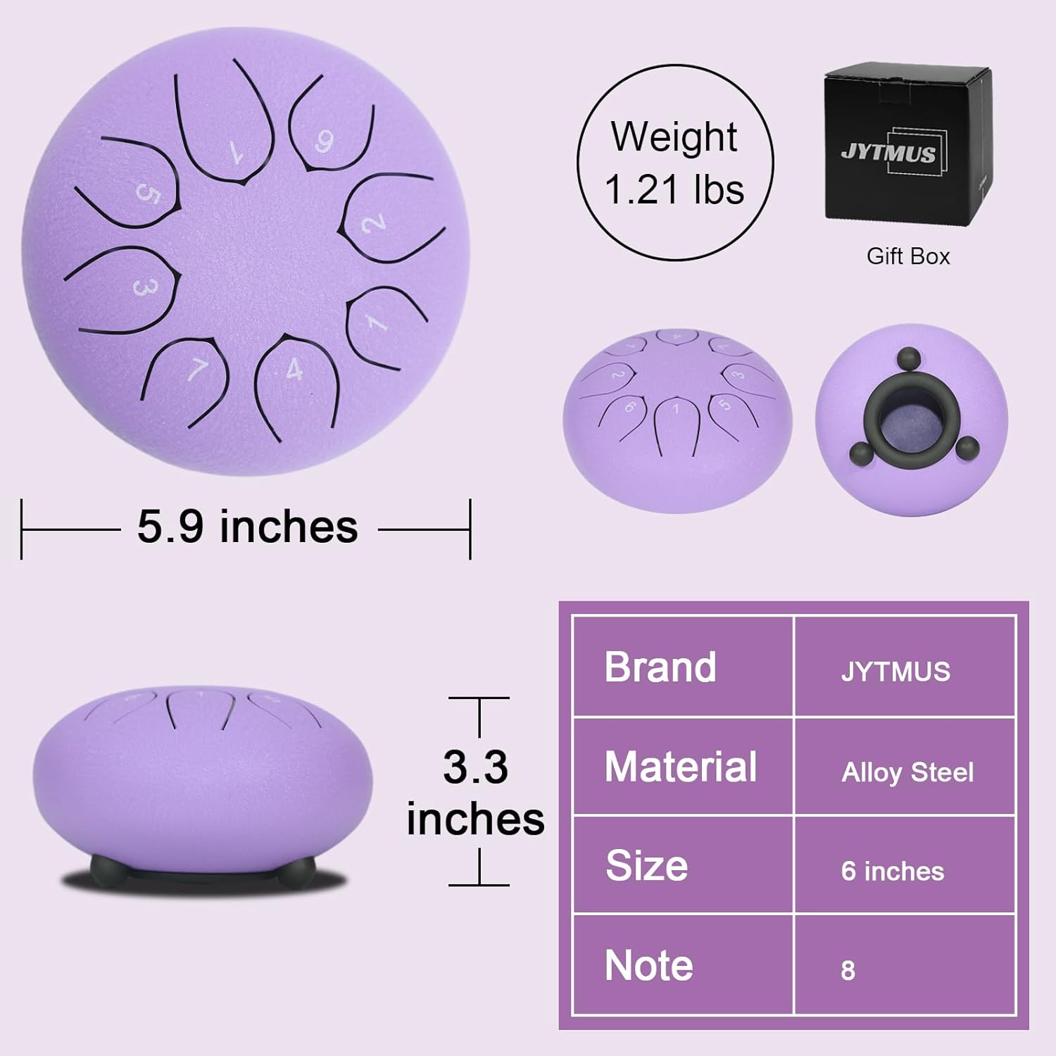 Steel Tongue Drum 6 Inch 8 Notes Sound Drum Percussion Instruments Gift for Family and Friends with Music Book, Mallets, Mallet Holder and Carry Bag