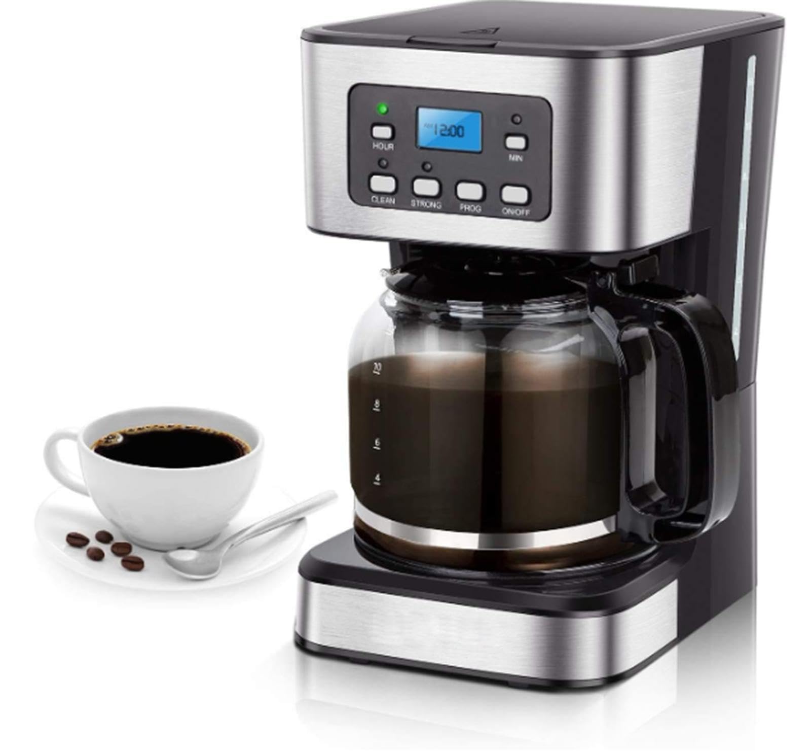 Cafetière Programmable de 12 Tasses pour La Maison et Le Bureau, Cafetière Goutte à Goutte avec Maintien Au Chaud, Carafe en Verre, Filtre Réutilisable, Système Anti-Goutte, Arrêt Automatique