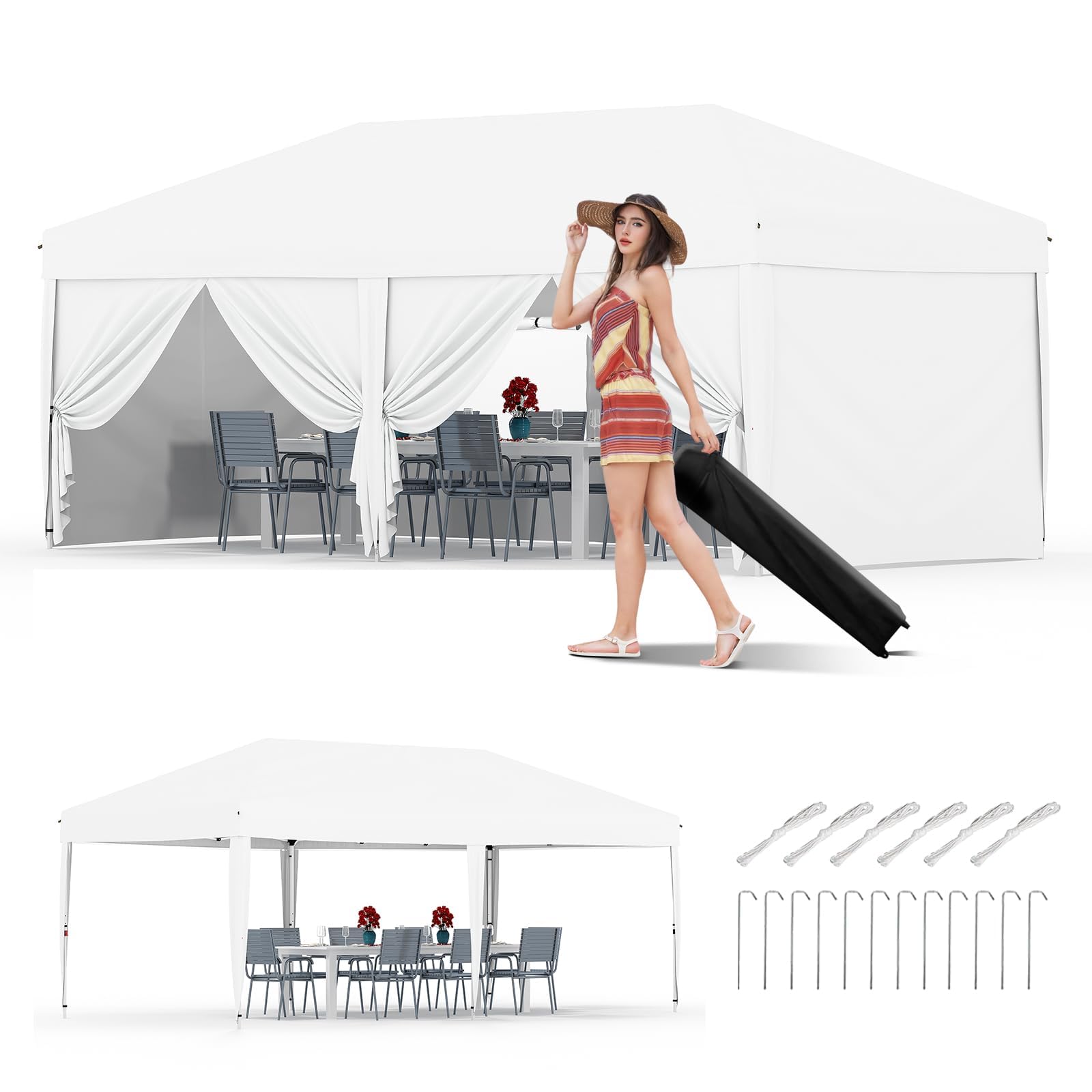 Photo 1 of GarveeHome 10x20Ft Pop Up Canopy Tent, One Push Setup Beach Tent, Outdoor Canopy with 6 Sidewalls & Sandbags, Adjustable Height, Waterproof, Sun Shelter for Events, Camping, Backyard (White)