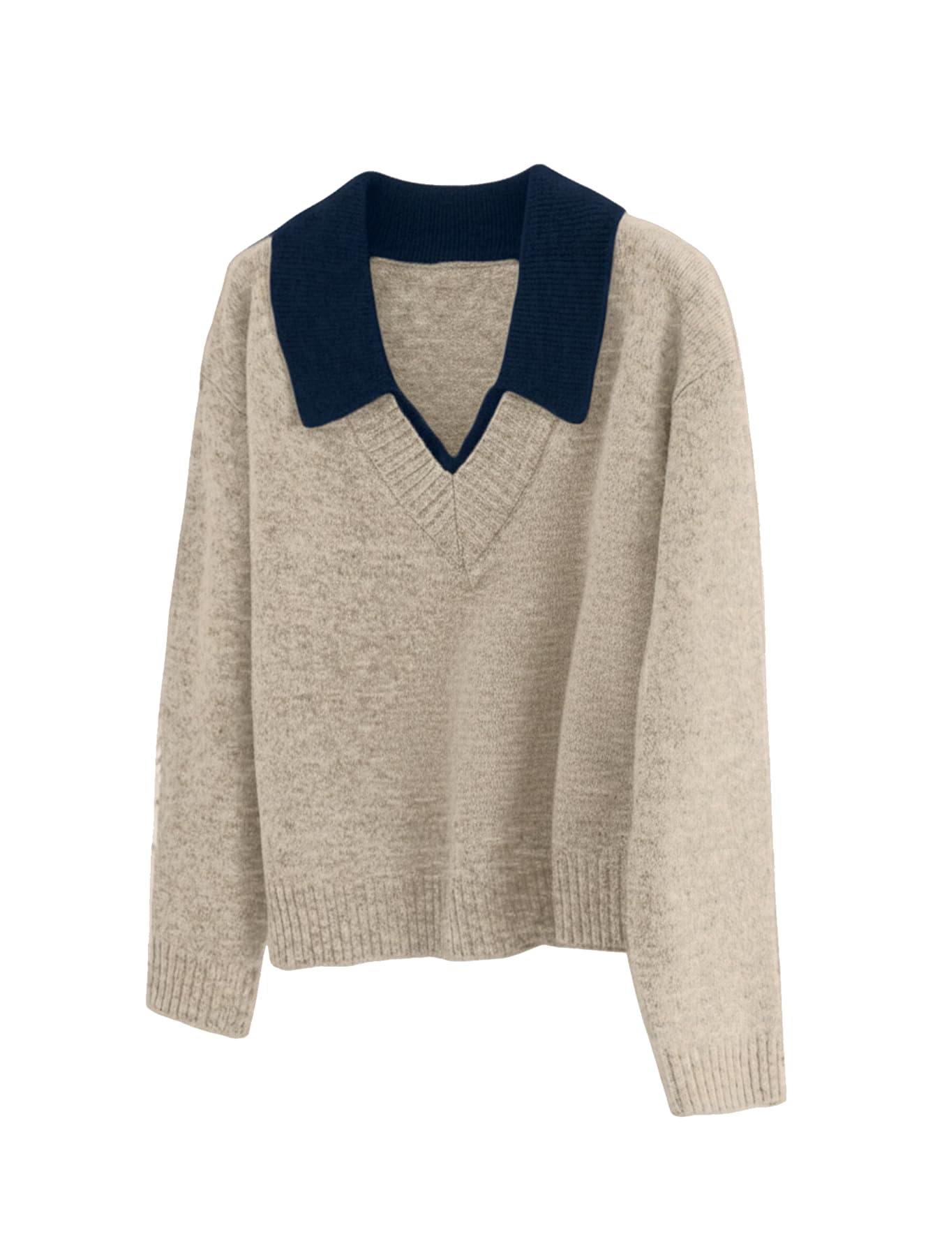 GORGLITTER Womens Oversized Collar Sweaters Chunky V Neck Long Sleeve Color Block 2 in 1 Pullover Sweater Knitwear