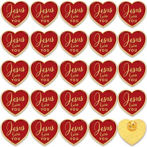 Image of Tondiamo 50 Pcs Christian Jesus Loves You Pins Bulk Vbs Gifts Religious Cristo Me Ama Lapel Pins Red Heart Brooches for Church Sunday School
