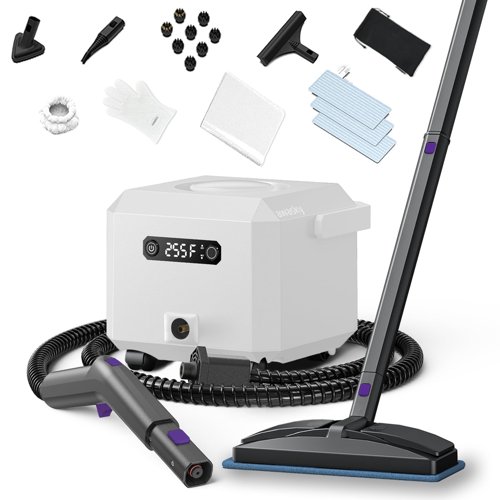 awasky steam cleaner: 1650w, fast 50-sec heat-up-21-piece kit refill anytime-no cooling-detachable hose steamer mop for home use car bed furniture bathroom tile grout floor cleaning and more white