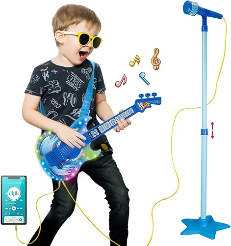 Miniatura 2 de TAKIHON Juego de guitarra y micrófono para niños, juguetes de guitarra con música y luz colorida, micrófono de altura ajustable con soporte,
