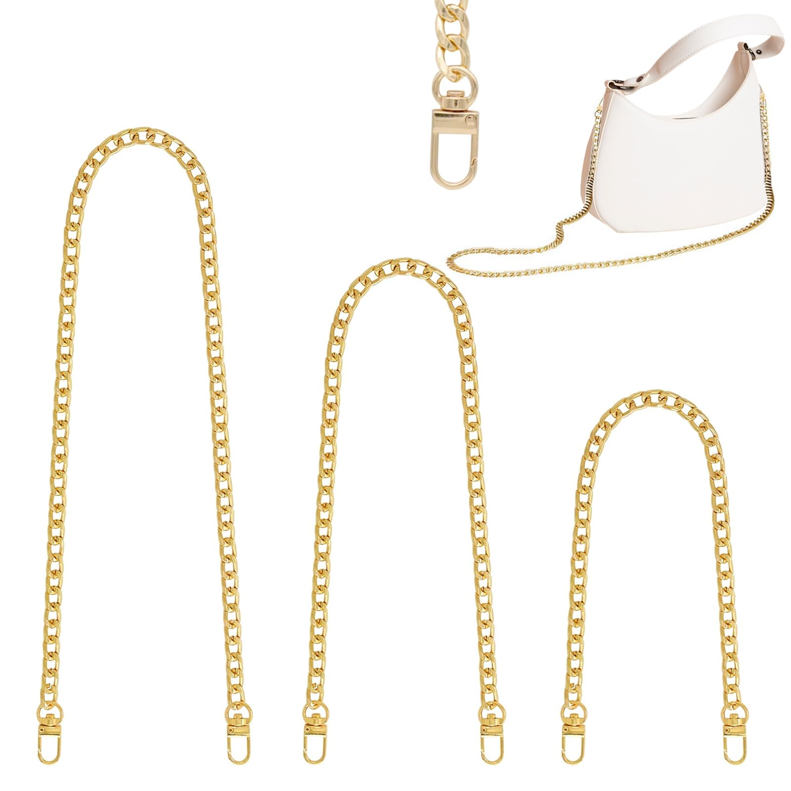 Hnnyyie 3 pieces Gold Purse Chain Strap Flat, 3 Different Sizes Iron Purse Straps Replacement Crossbody for DIY Straps for Bags with Metal Buckles(15.7/31.4/47.2 Inch)