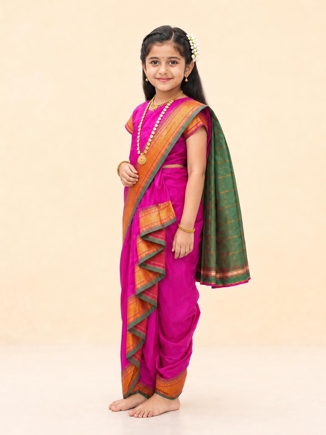 Luster Shahi Mastani Nauvari saree for kids/girls Ready-to-wear with a stitched blouse, Traditional Maharashtrian Marathi saree, for School program ganpati pujas festival (Purple, 12-18 Months) 2