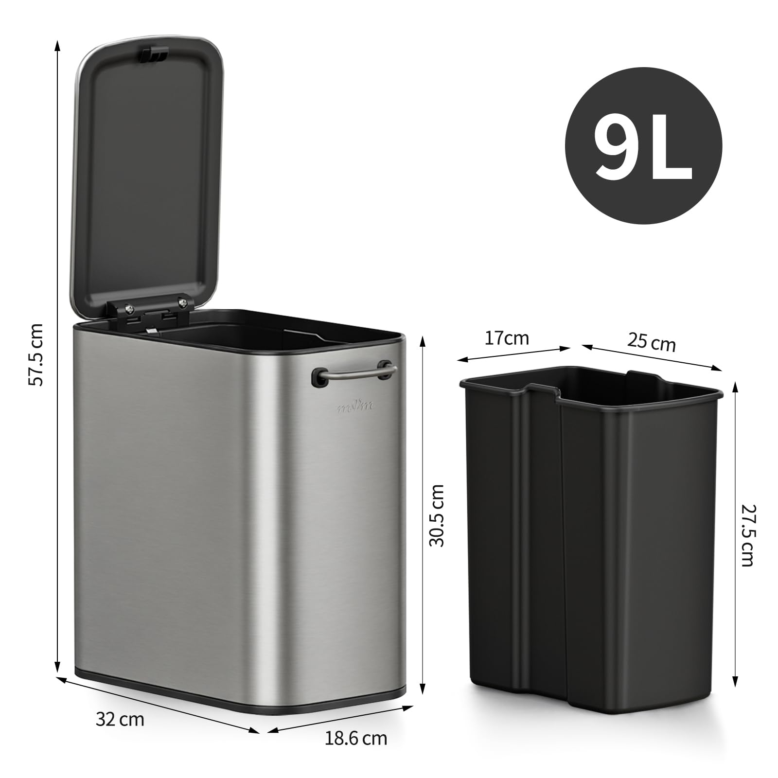mVm Cubo de Basura Baño 9L con Apertura a Presión, Cubo Interior Extraíble, Papelera Slim de Acero Inoxidable para Baño Moderno