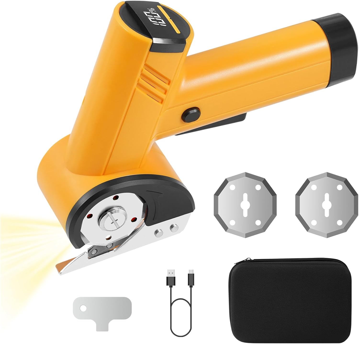 Cordless Electric Scissors 4-speed Adjustable with LED Smart Display, 4V Rechargeable Cardboard Cutter with Storage Box & 2 Blades, Electric box cutter for Cardboard Fabric Plastic Leather