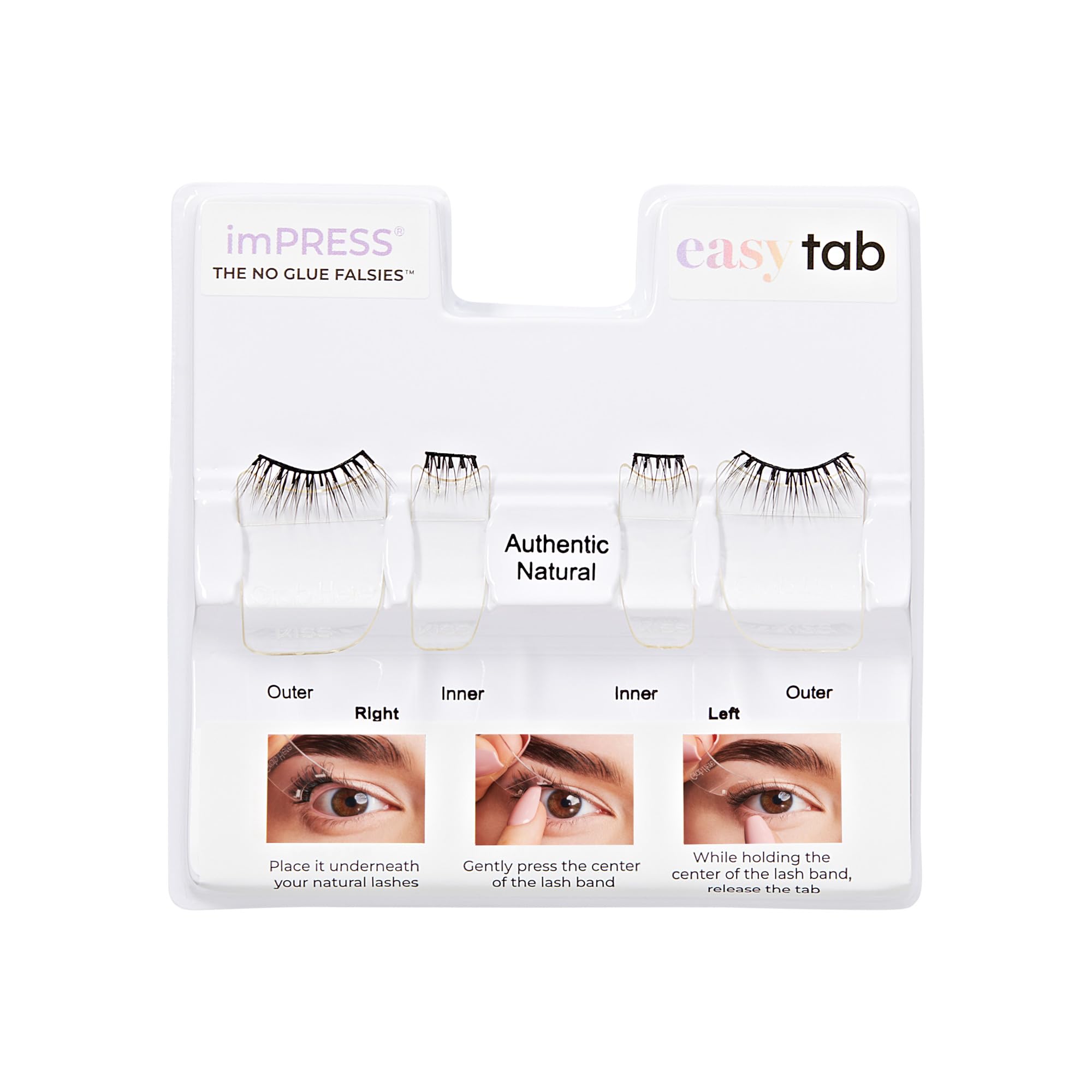 KISS imPRESS Press-On Falsies EASY TAB selbstklebende Wimpern, Schwarz, 'Authentic Natural', 1 Paar 5mm-7mm innere natürliche Volumen-Wimperncluster & 1 Paar 7mm-9mm äußere halbe Wimpern mit Easy Tabs