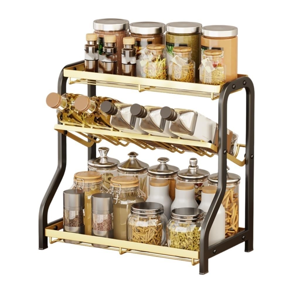 Goxyffmnv 3-layer Metal Spice Rack, Kitchen Organizer, Skin Care Products Shelf, Multifunctional Display Stand for Kitchen, Bathroom(Gold)