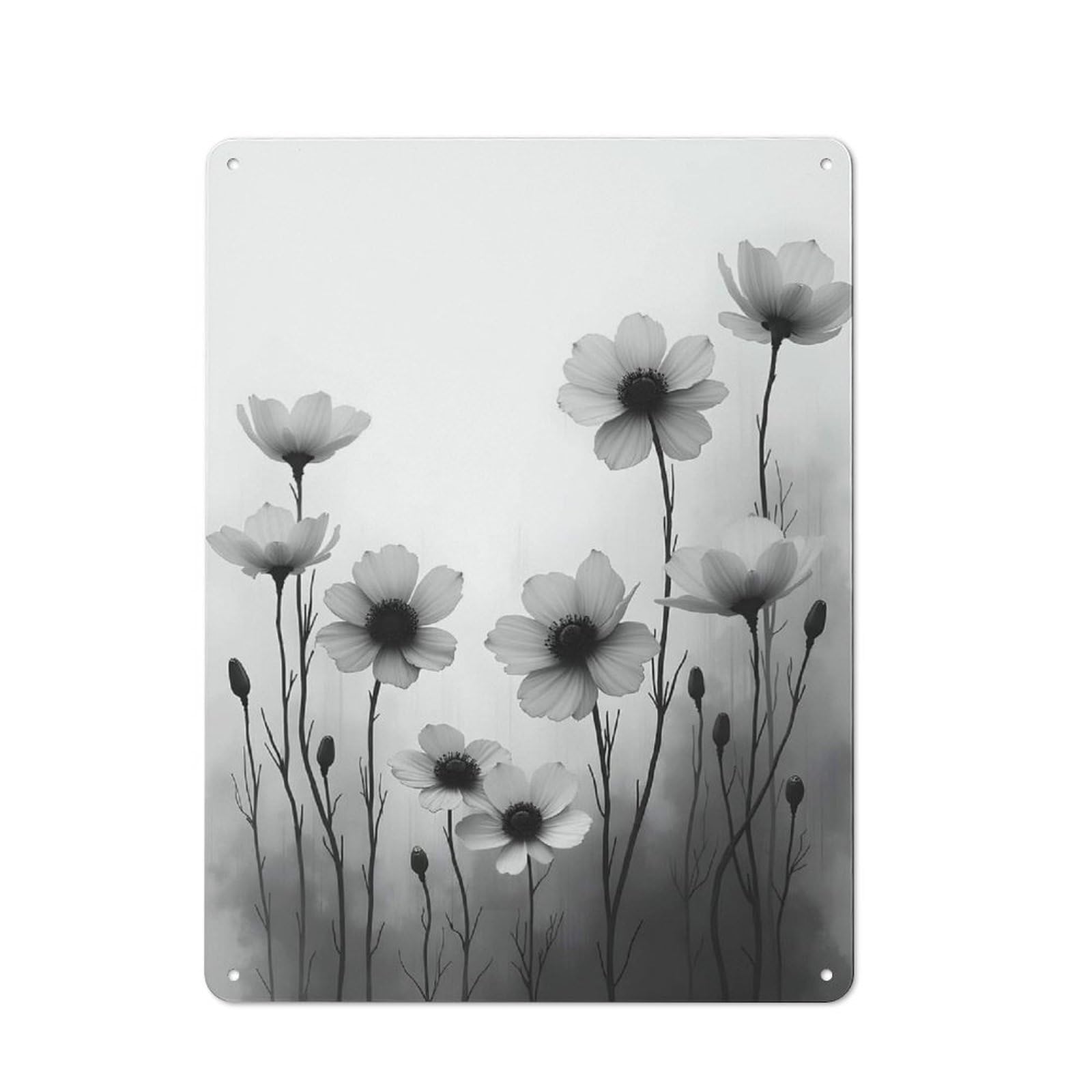 Junmoney Style-9 Black And White Cosmos Flowers Printed Metal Sign 40X30cm For Home Office Or Studio, A Housewarming Gift For Fans Of Vintage Interiors