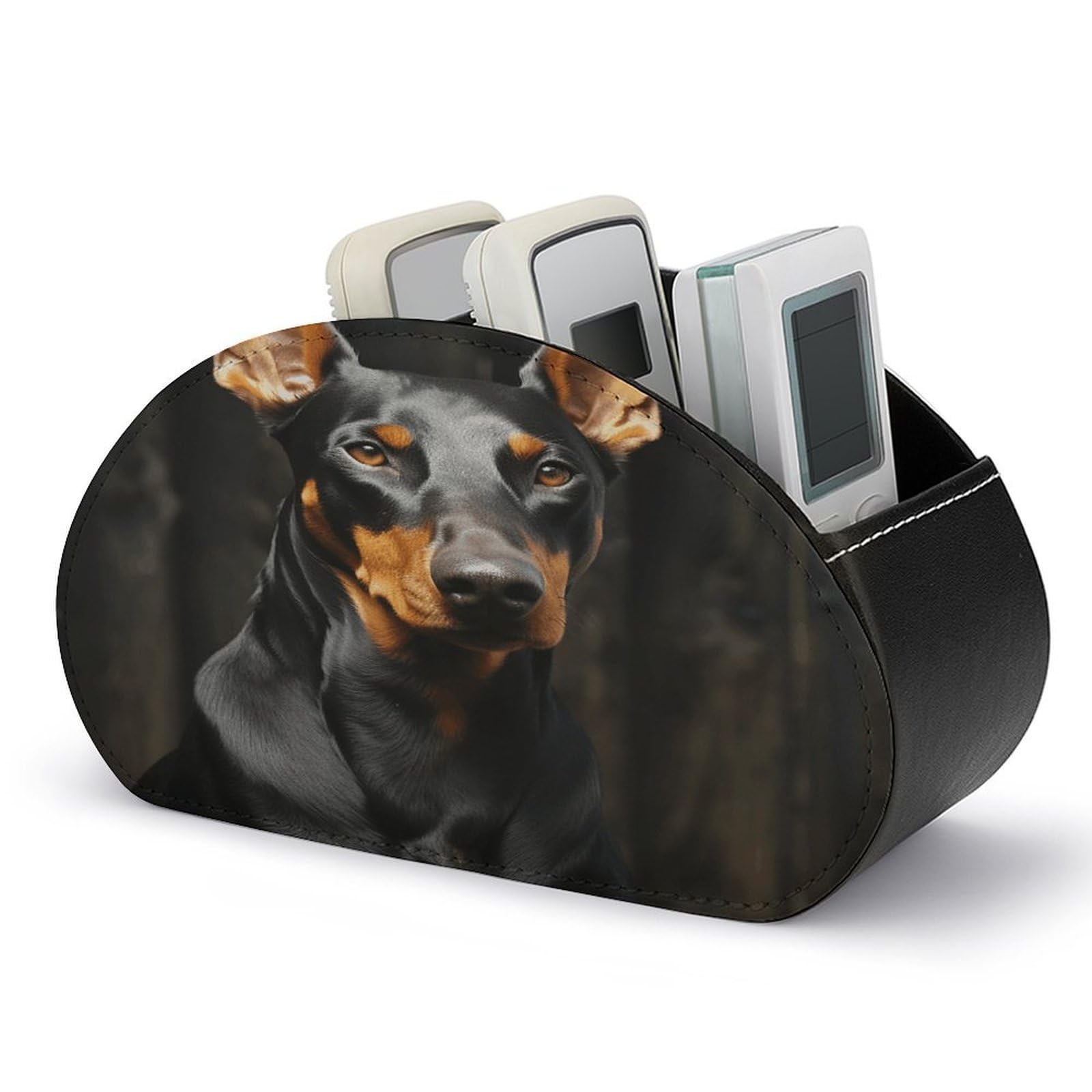 VstaDank Doberman Remote Control Holder Farmhouse TV Media Remote Storage Box with 5 Compartments PU Leather Remote Caddy Desktop Organizer for Home Bedside Table Organizer