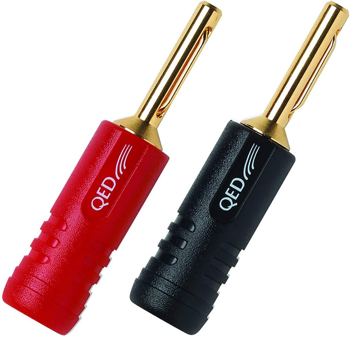2 QED Screwloc Forte Gold Plated 4mm Banana Plugs for Loudspeakers and Amplifiers (1 Red 1 Black)