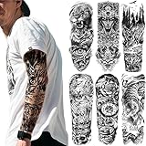 Briyhose Forest Temporary Tattoo Sleeves, Full Arm Large Wolf Lion Animal Forest Tribal Fake Tattoos Sleeve For Men Women Adult, Black Leopard Tiger Temp Tatoo Sticker Leg Body Art Makeup, 6-Sheet
