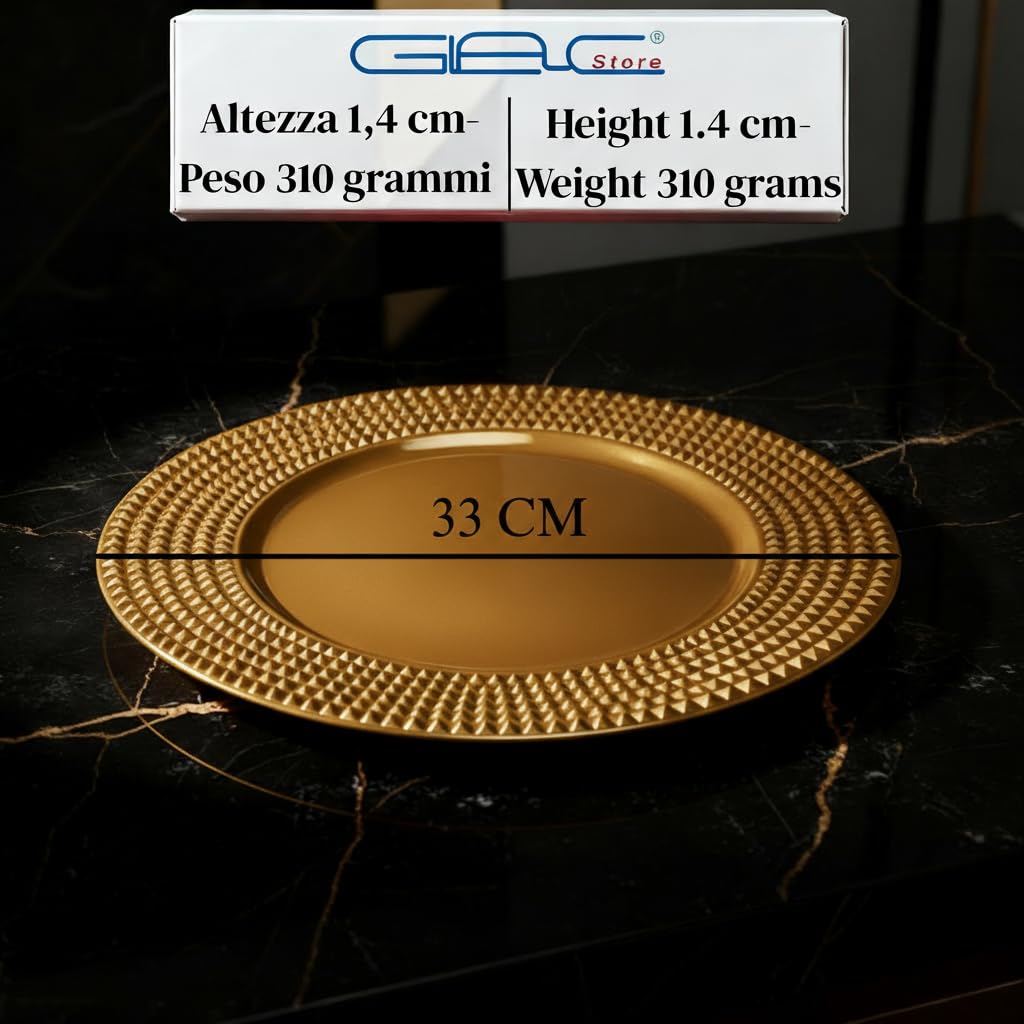 Sottopiatto Elegante, Oro o Rosso, Polipropilene, 33 cm, Bordo Borchiato, Stile Moderno, Set da 4 o 6 Pezzi, per Natale e Matrimoni, Riutilizzabile, Lucido (6, Oro)