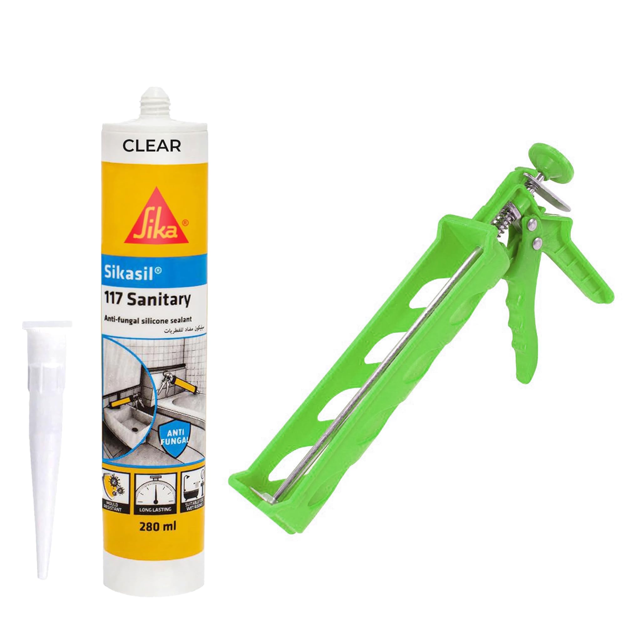 Sika 117 Silicone Sealant and Gun - ABS Plastic Light Duty Silicone Gun. Anti-fungal acetoxy silicone sealant for sanitary applications, Weathering resistance, 280 ml (WHITE SILICONE + ABS GUN)