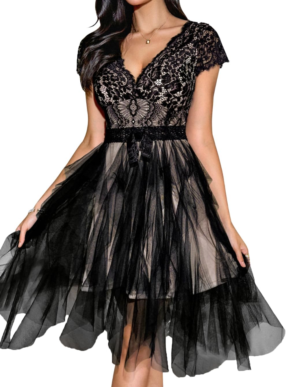 Lace Tulle Dress,Backless Deep V Short Formal Dresses for Women,Cocktail Party Wedd...