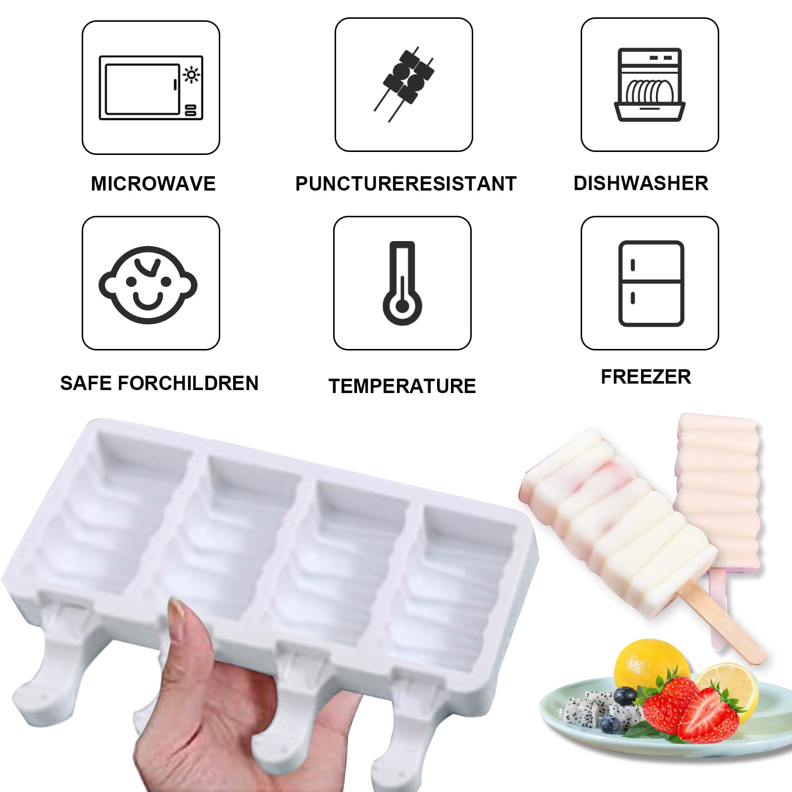 Moldes para Helados, Juego de 2 moldes de paletas de silicona, moldes de paletas caseras de 4 cavidades, moldes de paletas con 100 palitos de madera para helado de paletas DIY
