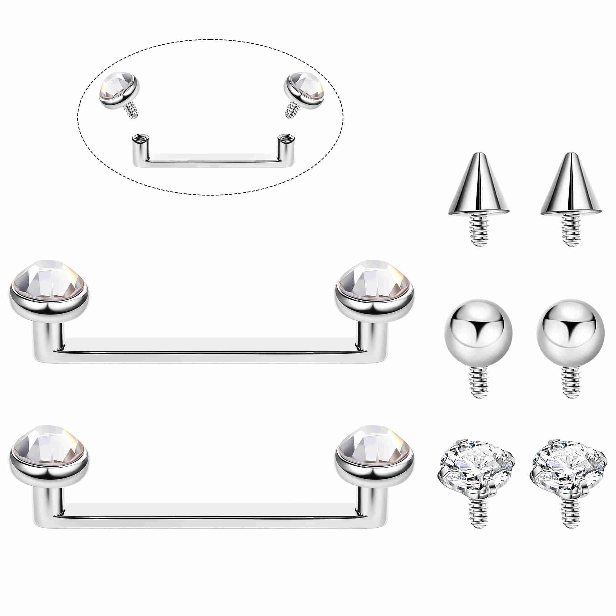 2PCS 14G G23 Pure Titanium Staple Surface Piercing Jewelry Flat Bar Internally Threaded Double Staple Barbells for Surface with 6 PCS Replacement Balls CZ Snake Eye Tongue Piercing 12-16MM, bar