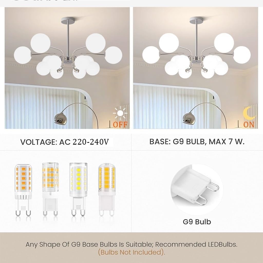 12 lekkich nowoczesnych luksusowych metalowych lamp wiszących z połowy wieku, regulowany, skandynawski, luksusowy, szklany, kulisty żyrandol do kuchni, baru (chrom)
