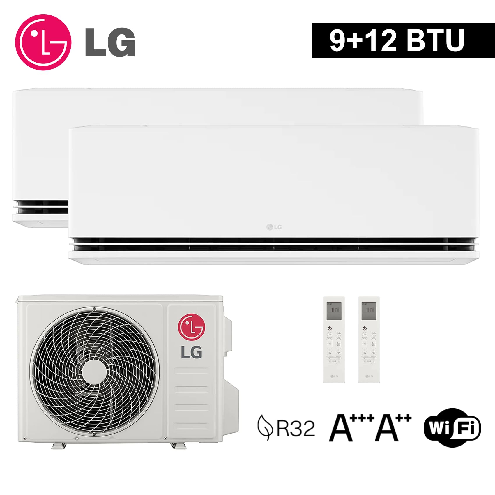 LG Climatiseur Bi Split DualCool Deluxe WiFi 9 000 + 12 000 Btu, Clim Dual Split (2 Unités Intérieures et 1 Unité Extérieure), R32, Pompe à Chaleur, Haute Efficacité Énergétique A+++ / A++