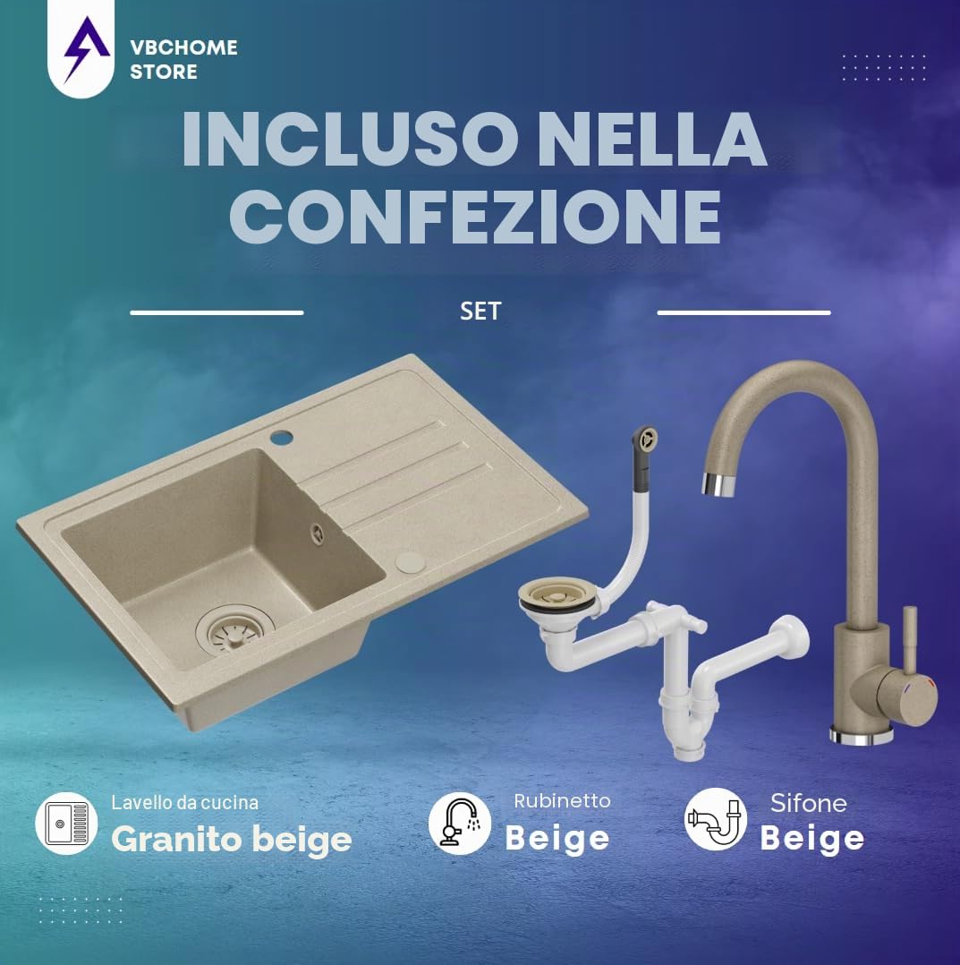 VBChome Lavello da Incasso in Granito Beige 70 x 44 cm – Lavello Singolo Reversibile con Rubinetto e Sifone, Superficie Screziata, per Base da 50 cm