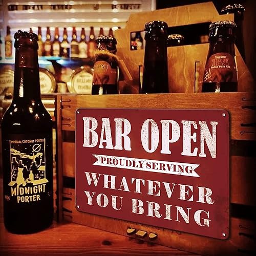 Miniatura 7 de YOYI ART Letreros de barra de metal vintage para el hogar  Bar Open Whatever You Bring, carteles retro de cerveza de estaño para cueva de hombre,