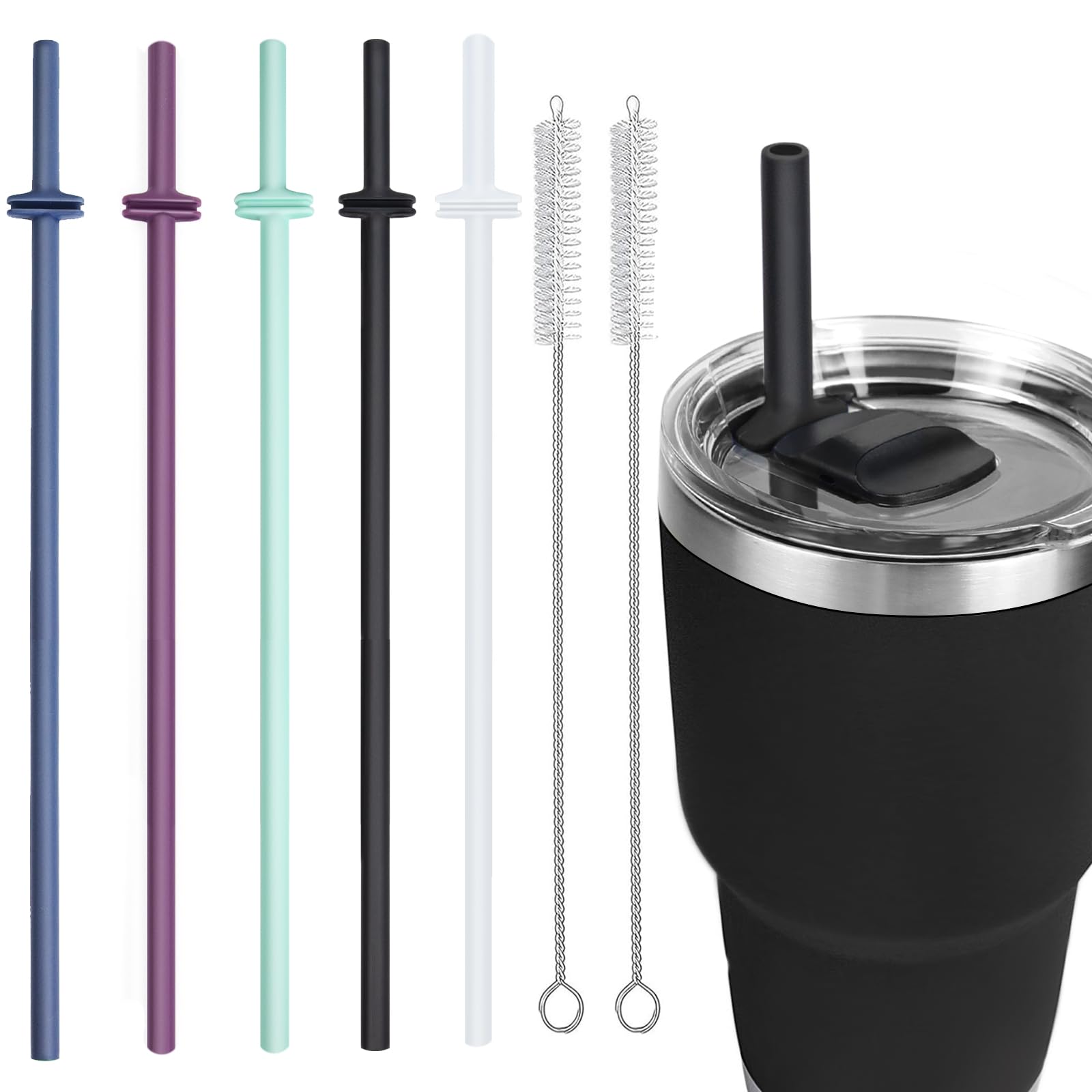 Silicone Straw for Yeti Rambler, 5PCS Reusable Straws & 2 Cleaning Brush for Yeti 30/20 oz Tumbler with Magslider Lid, Adjustable Drinking Straws