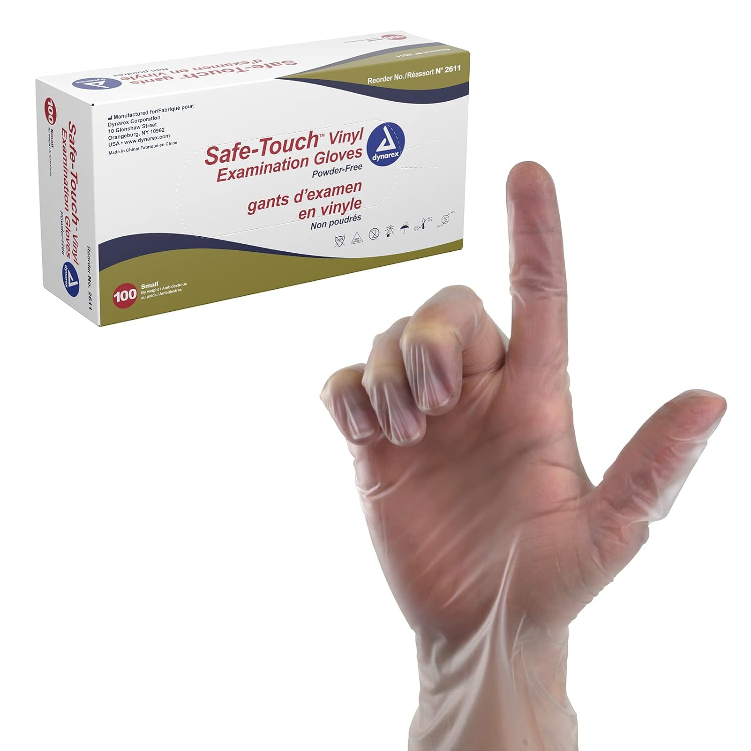 Dynarex Safe-Touch Vinyl Disposable Exam Gloves, Powder-Free, Food Safety and Compliance, Ambidextrous, Clear, Small, 1 Box of 100 Safe-Touch Vinyl Disposable Exam Gloves