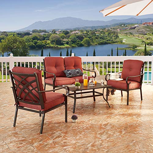 Image of LOKATSE HOME 4-Piece Patio Cushioned Furniture Outdoor Bistro Conversation Set with 1 Loveseat, 2 Single Sofa Chairs, 1 Coffee Table, Red
