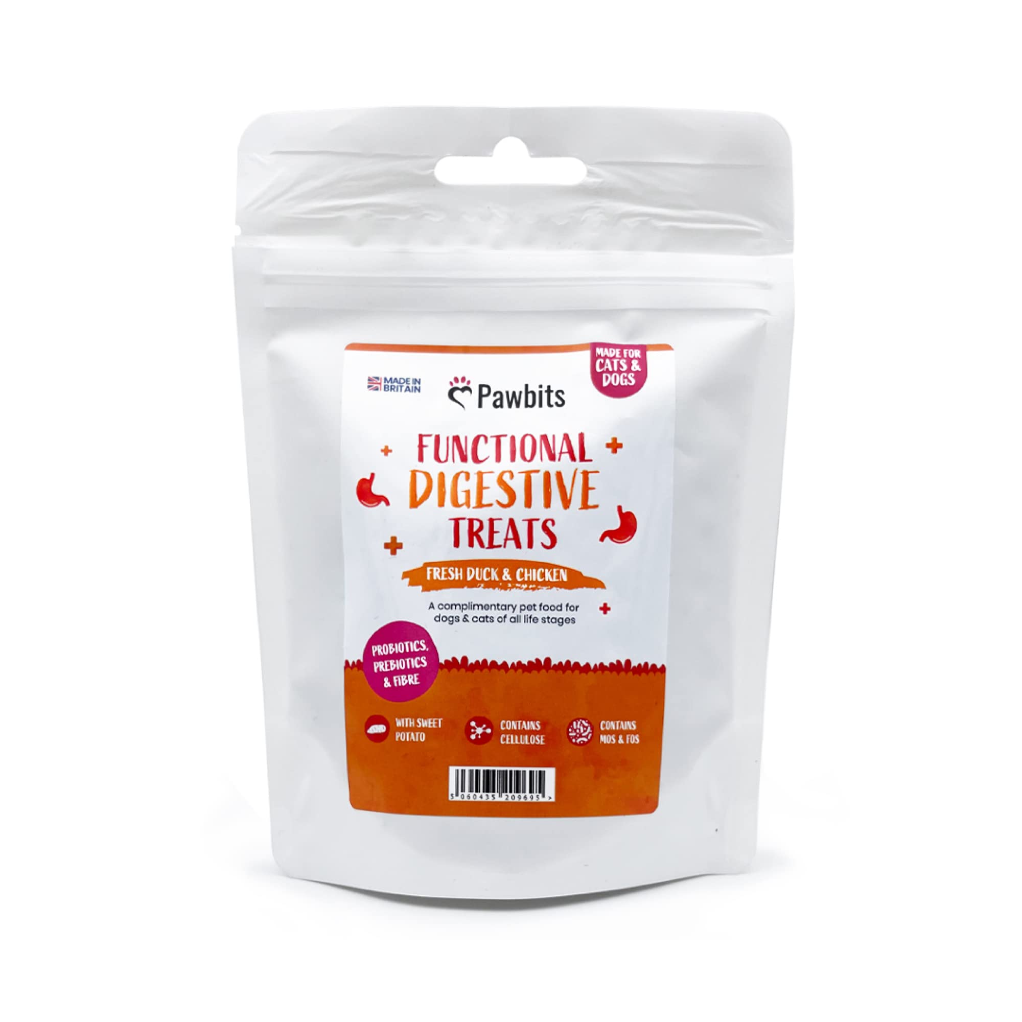 Pawbits Digestive Treats for Dogs & Cats- 70g Bag Duck & Chicken Grain Free Pre and Probiotic High Fibre Treats for Digestion and Gut Support - UK Manufactured