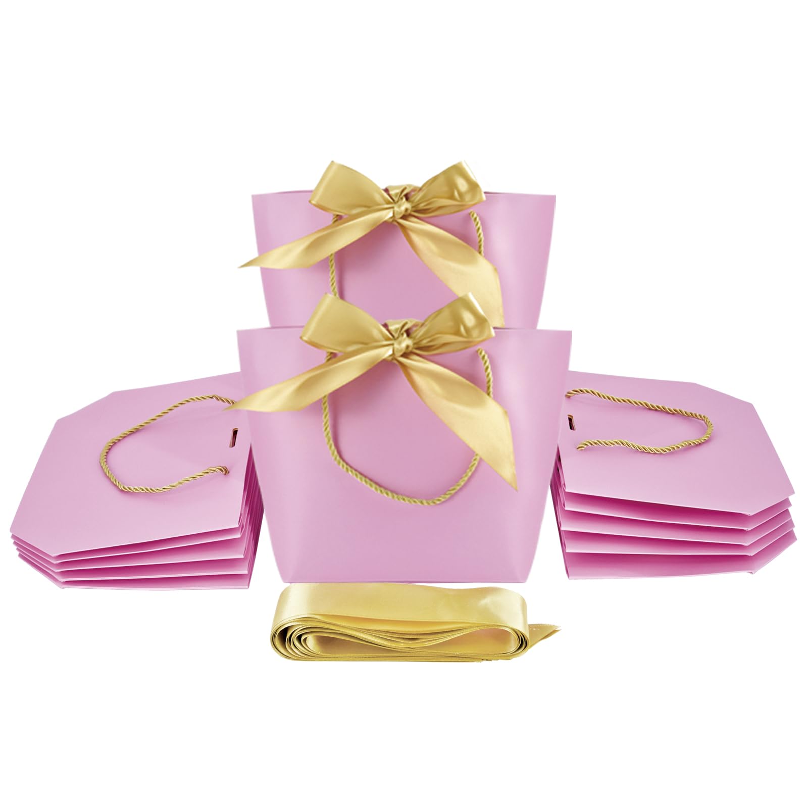 HUAPRINT Gift Bags with Handles,Party Favor Bags with Bow Ribbon,12Pcs Pink Paper Bags for Birthday Wedding Bridesmaid Holiday Valentine's Day