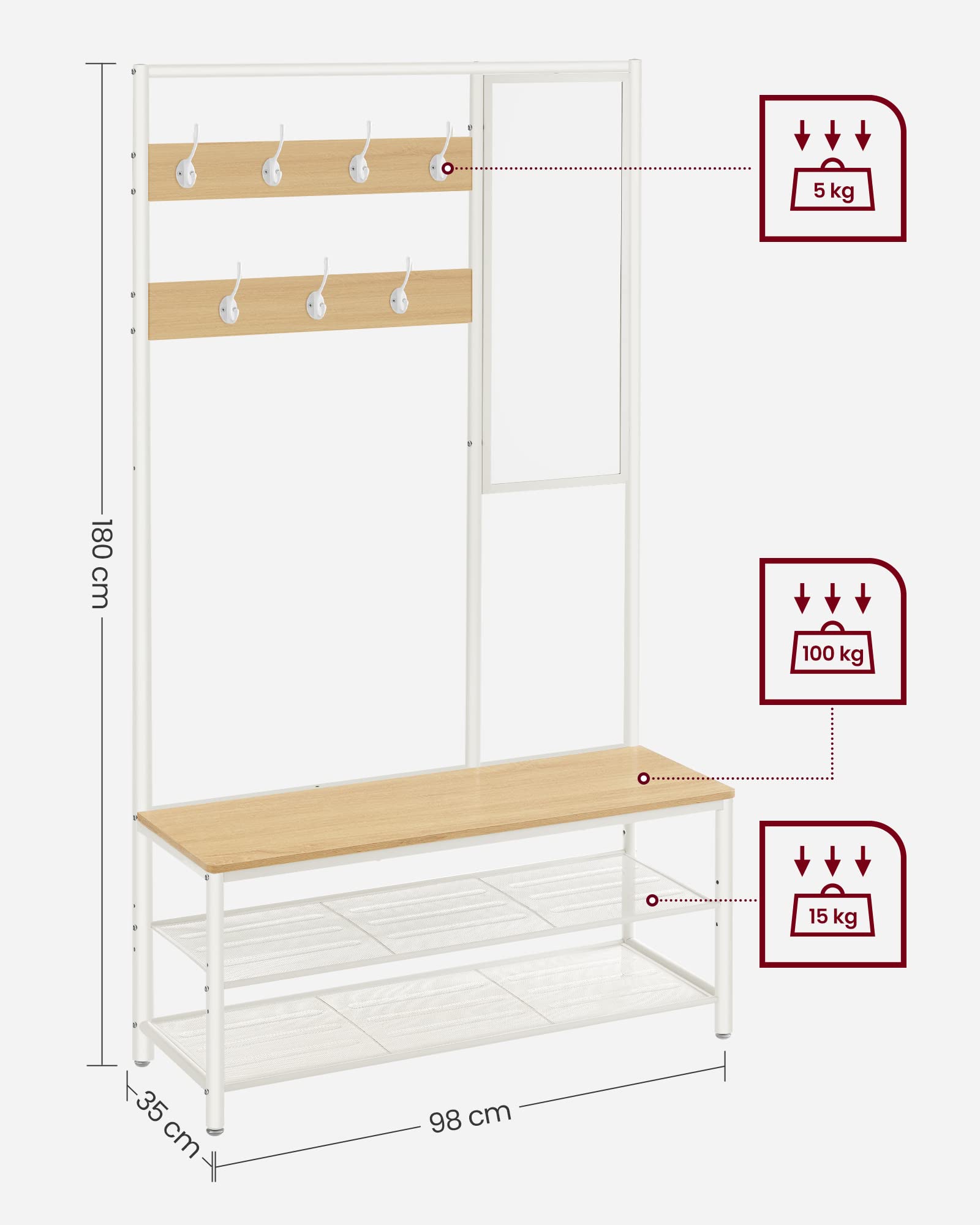 VASAGLE Appendiabiti con Scarpiera, Mobile Ingresso con Ganci, Specchio, Panca e Ripiani, 35 x 98 x 180 cm, Corridoio Camera da Letto Salotto, Moderno, Color Rovere e Bianco Nuvola HSR415W09